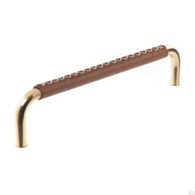 Länglicher Möbelgriff 7353 128 Poliertes Messing mit braunem Leder