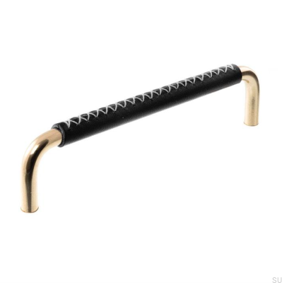 Länglicher Möbelgriff 7353 128 Poliertes Messing mit schwarzem Leder