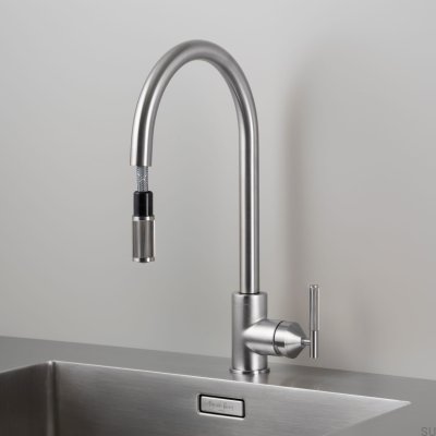 Küchenarmatur mit Ausziehbrause, linear, Messing, Silber, mit europäischem Anschluss