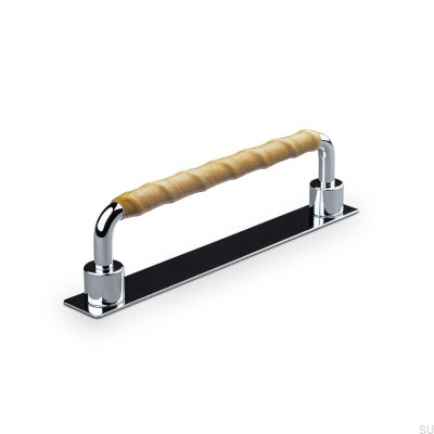 Asissi Wrapped 128 länglicher Möbelgriff, poliertes Chrom mit hellbraunem Leder