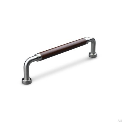 Länglicher Möbelgriff Posta Swept 128 gebürstetes Silber mit braunem Leder