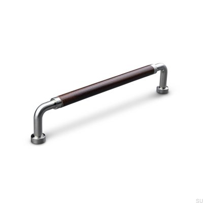 Länglicher Möbelgriff Posta Swept 128 gebürstetes Silber mit braunem Leder