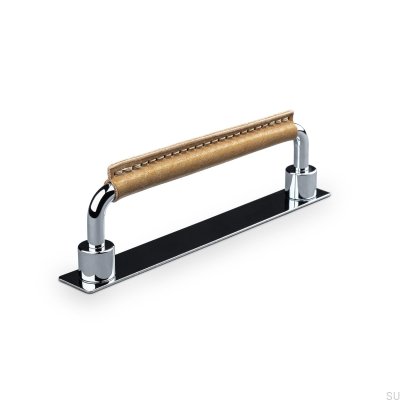 Asissi Stitched 128 länglicher Möbelgriff, poliertes Chrom mit hellbraunem Leder