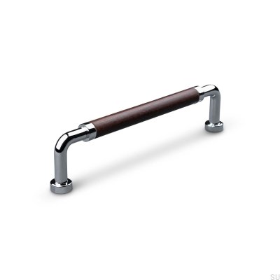 Länglicher Möbelgriff Posta Swept 128 Poliertes Chrom mit braunem Leder