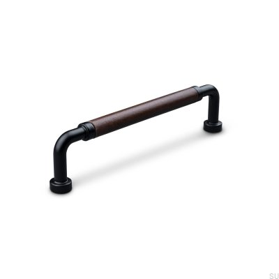 Länglicher Möbelgriff Posta Swept 128 Metall Mattschwarz mit braunem Leder