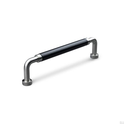 Länglicher Möbelgriff Posta Swept 128 gebürstetes Silber mit schwarzem Leder