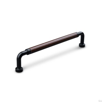 Länglicher Möbelgriff Posta Swept 160 Metall Mattschwarz mit braunem Leder