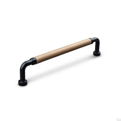 Länglicher Möbelgriff Posta Swept 160 Metall Mattschwarz mit hellbraunem Leder