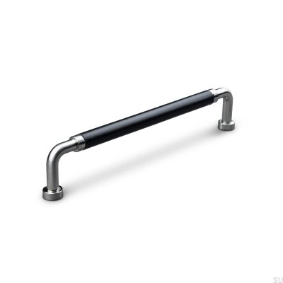 Länglicher Möbelgriff Posta Swept 160 gebürstetes Silber mit schwarzem Leder