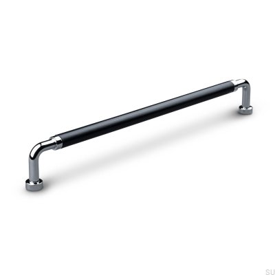 Länglicher Möbelgriff Posta Swept 224 Poliertes Chrom mit schwarzem Leder