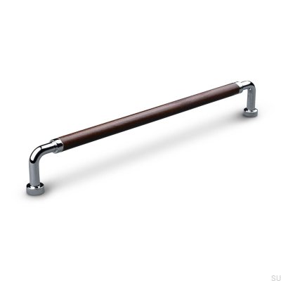 Länglicher Möbelgriff Posta Swept 224 Poliertes Chrom mit braunem Leder
