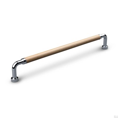 Länglicher Möbelgriff Posta Swept 224 Poliertes Chrom mit hellbraunem Leder