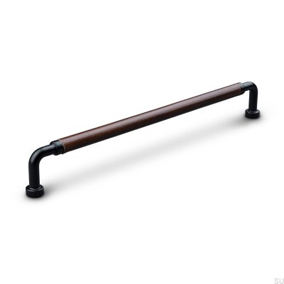 Länglicher Möbelgriff Posta Swept 224 Metall Mattschwarz mit braunem Leder
