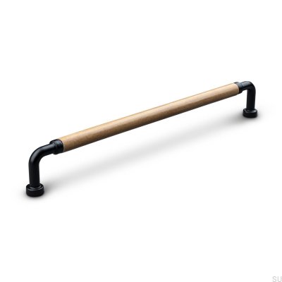 Länglicher Möbelgriff Posta Swept 224 Metall Mattschwarz mit hellbraunem Leder