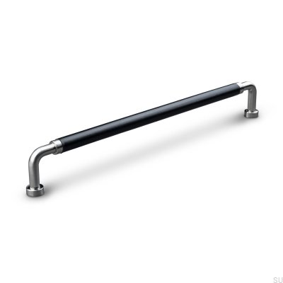 Länglicher Möbelgriff Posta Swept 224 gebürstetes Silber mit schwarzem Leder