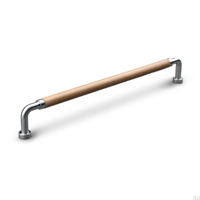 Länglicher Möbelgriff Posta Swept 224 gebürstetes Silber mit hellbraunem Leder