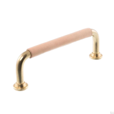 Länglicher Möbelgriff LS 1353 128 Poliertes Messing mit Naturleder