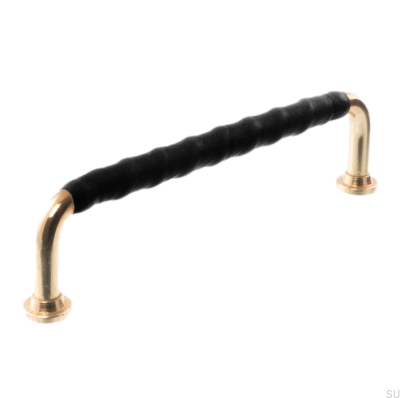 Länglicher Möbelgriff LL 1353 128 Poliertes Messing mit schwarzem Leder