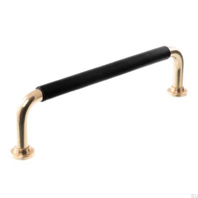 Länglicher Möbelgriff LS 1353 128 Poliertes Messing mit schwarzem Leder