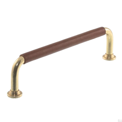 Länglicher Möbelgriff 0131LS 1353 128 Poliertes Messing mit braunem Leder