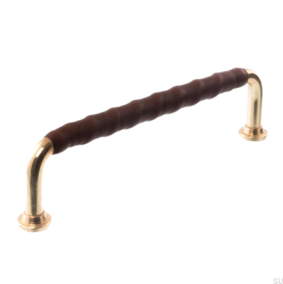 Länglicher Möbelgriff 0132LL 1353 128 Poliertes Messing mit braunem Leder