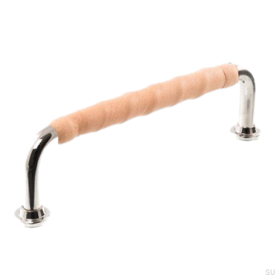 Länglicher Möbelgriff LL 1353 128 Poliertes Nickel mit Naturleder