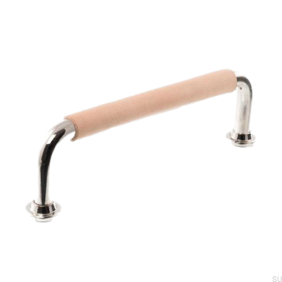 Länglicher Möbelgriff LS 1353 128 Poliertes Nickel mit Naturleder