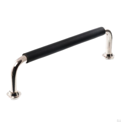 Länglicher Möbelgriff LS 1353 128 Poliertes Nickel mit schwarzem Leder