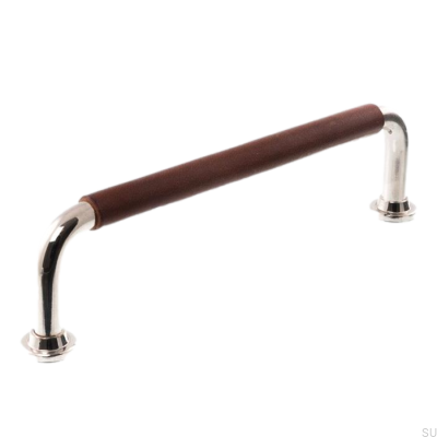 Länglicher Möbelgriff 1132LS 1353 128 Poliertes Nickel mit braunem Leder