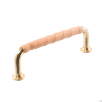 Länglicher Möbelgriff LL 1353 96 Poliertes Messing mit Naturleder