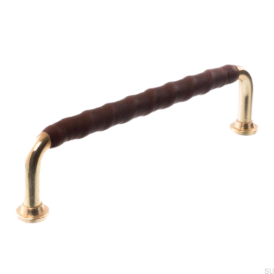 Länglicher Möbelgriff LL 1353 96 Poliertes Messing mit dunkelbraunem Leder