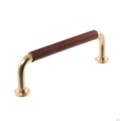 Länglicher Möbelgriff LS 1353 96 Poliertes Messing mit dunkelbraunem Leder