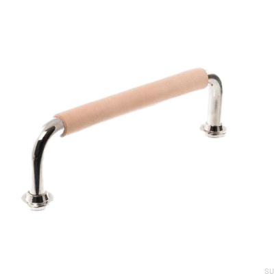 Länglicher Möbelgriff LS 1353 96 Poliertes Nickel mit Naturleder