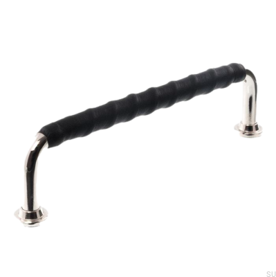 Länglicher Möbelgriff LL 1353 96 Poliertes Nickel mit schwarzem Leder