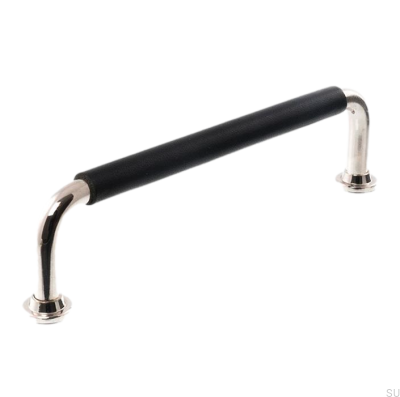 Länglicher Möbelgriff LS 1353 96, poliertes Nickel mit schwarzem Leder