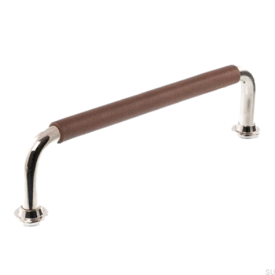Länglicher Möbelgriff LS 1353 96 Poliertes Nickel mit braunem Leder