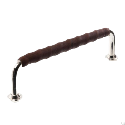 Länglicher Möbelgriff LL 1353 96 Poliertes Nickel mit dunkelbraunem Leder