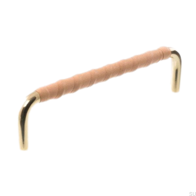 Länglicher Möbelgriff LL 7353 128 Poliertes Gold mit Naturleder