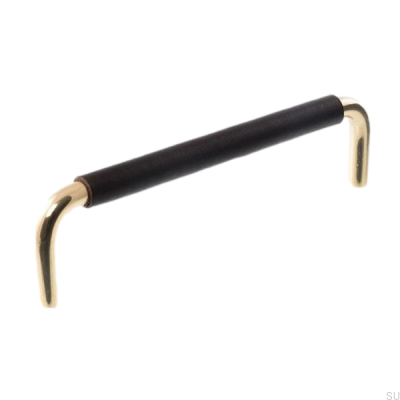 Länglicher Möbelgriff LS 7353 128 Poliertes Gold mit schwarzem Leder