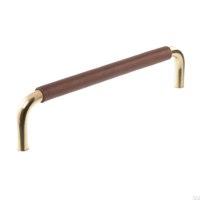 Länglicher Möbelgriff LS 7353 128 Poliertes Gold mit braunem Leder