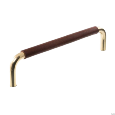Länglicher Möbelgriff LS 7353 128 Poliertes Gold mit dunkelbraunem Leder