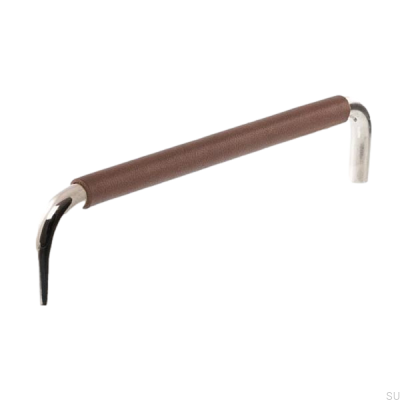 Länglicher Möbelgriff LS 7353 128 Poliertes Nickel mit braunem Leder