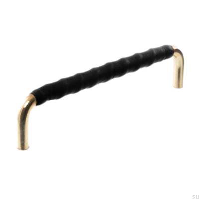 Länglicher Möbelgriff LL 7353 96 Poliertes Gold mit schwarzem Leder