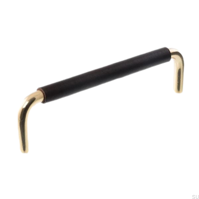 Länglicher Möbelgriff LS 7353 96 Poliertes Gold mit schwarzem Leder