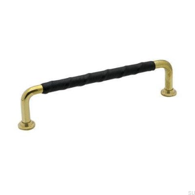 Länglicher Möbelgriff 1353 128 Gold Messing Poliert Schwarzes Naturleder