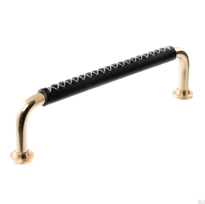 Länglicher Möbelgriff LX 1353 128 Poliertes Messing mit schwarzem Leder