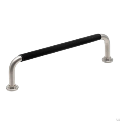 Länglicher Möbelgriff LS 1353 128 Gebürstetes Nickel mit schwarzem Leder