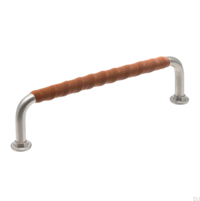 Länglicher Möbelgriff LL 1353 128 Gebürstetes Nickel mit braunem Leder