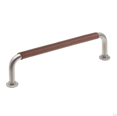 Länglicher Möbelgriff LS 1353 128 Gebürstetes Nickel mit braunem Leder