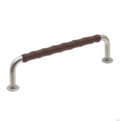 Länglicher Möbelgriff LL 1353 128 Gebürstetes Nickel mit dunkelbraunem Leder